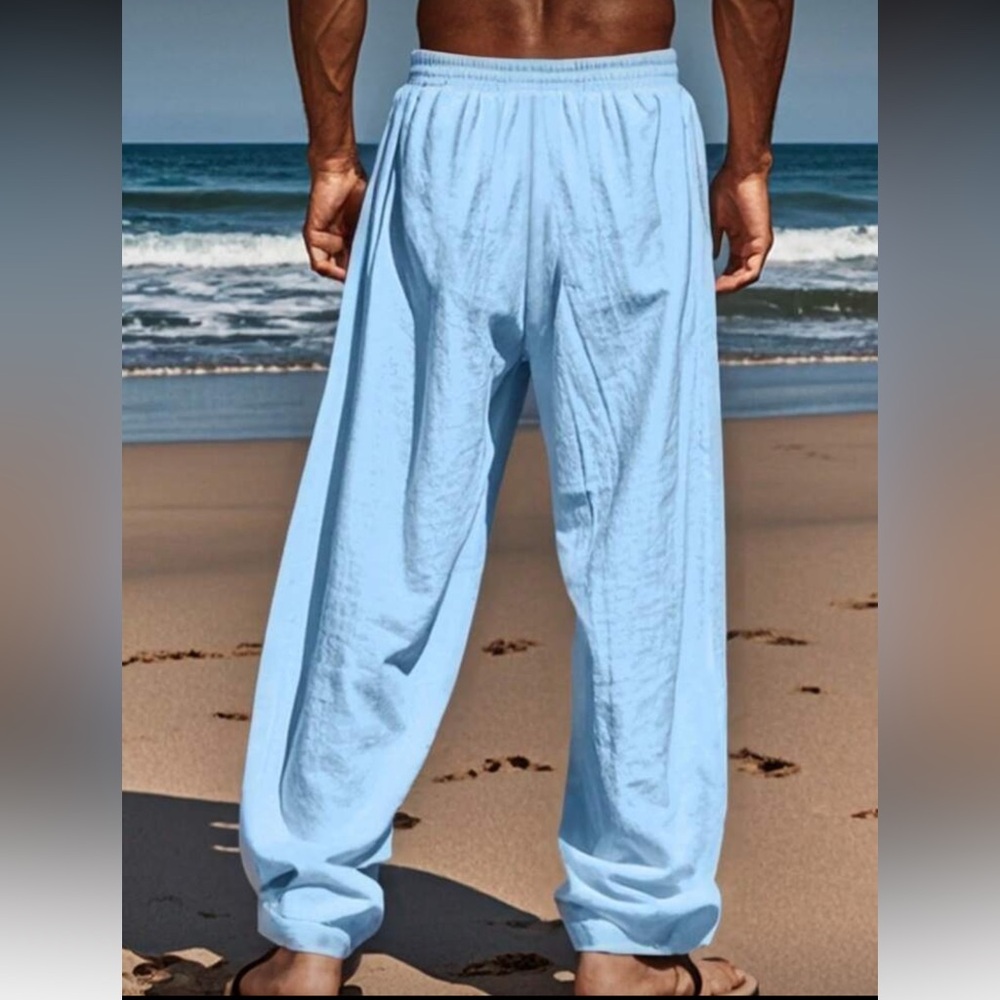 Light Blue Drawstring Linen-Blend Pants for men - Picture 2 of 5